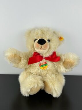 Steiff Bobby Cosy Friends Teddy Bear 12” Beige Cream Plush Red Ribbon Bow NWT